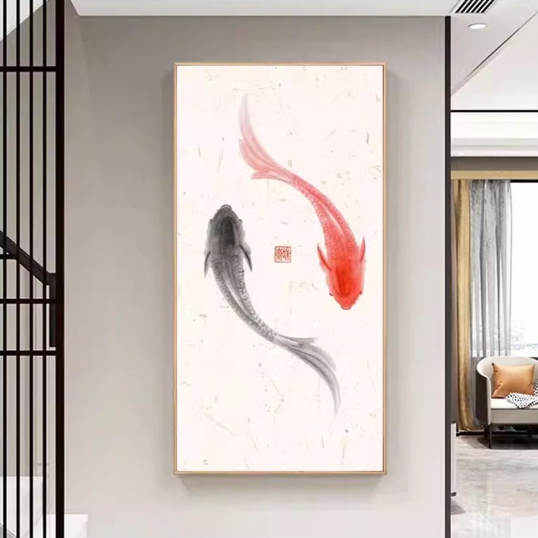 太极鱼玄关装饰画禅意水墨双鱼客厅挂画招财风水画阴阳鱼茶室壁画