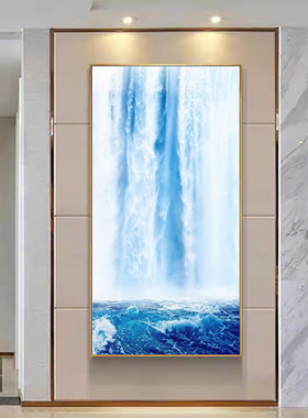 瀑布玄关装饰画流水生财山水画招财聚宝盆客厅挂画风水画海景壁画