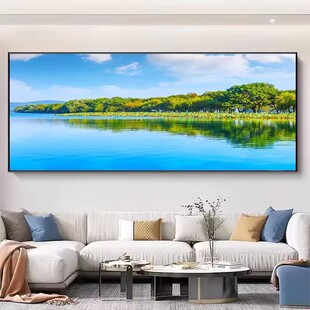平静清澈湖面客厅装饰画湖泊山水画青山绿水蓝天白云办公室墙壁画