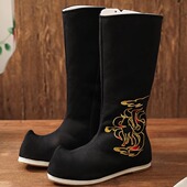 冬季 长筒 靴复古翘头鞋 加绒汉服鞋 男靴子百搭古风靴高筒加绒男古装