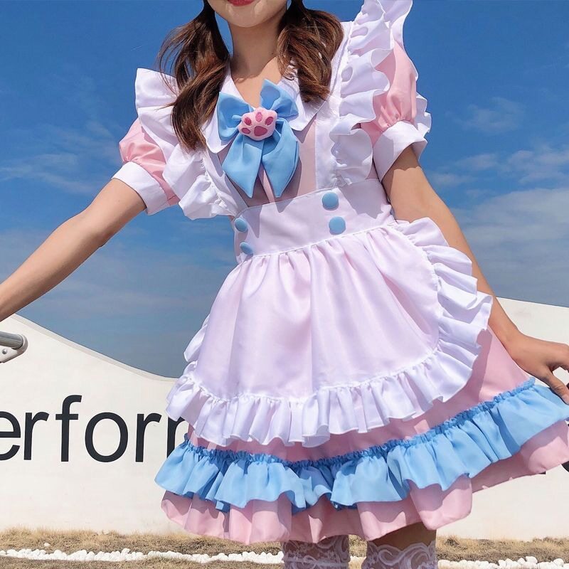 女仆装粉蓝色制服cosplay女装围裙lolita 日常可爱洛丽塔女佣套装