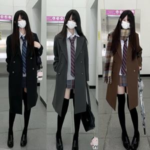 妙氏原创jk制服黑色毛呢大衣女装秋冬季高级感中长款大码新款外套