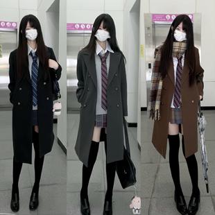 妙氏原创jk制服黑色毛呢大衣女装秋冬季高级感中长款大码新款外套