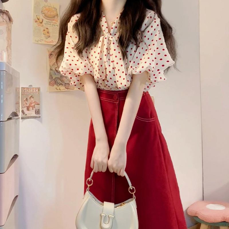 小个子衬衫连衣裙子夏季2025新款女装感穿搭两件套装红色长裙