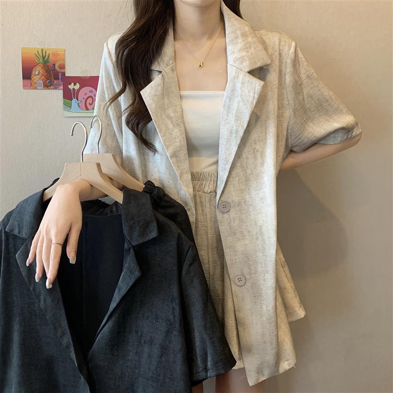 短袖西装套装女大码胖mm夏季时尚感减龄气质轻熟风西服短裤两件套