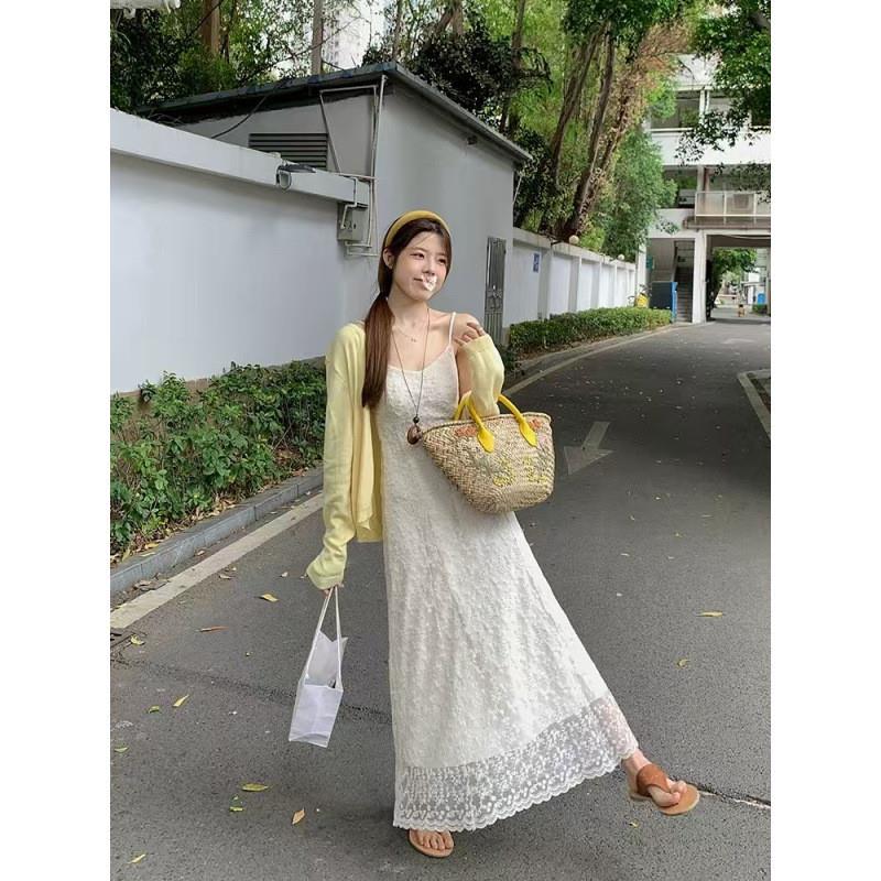 白色蕾丝吊带连衣裙子女夏季2025新款爆款小个子绝美穿搭长裙套装