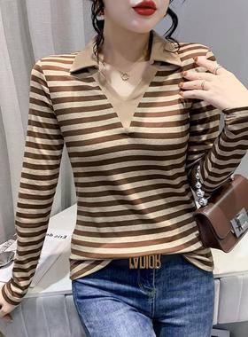 新款 欧货欧货时尚条纹长袖领T恤修身显瘦打底衫女上衣网纱JY992#
