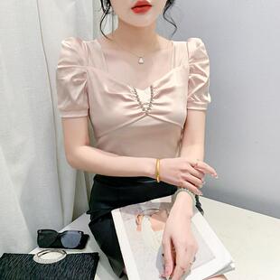 时尚夏季洋气带钻方领色泡泡短袖t恤女设计感收腰显瘦百搭上衣