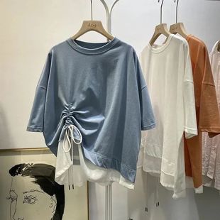 胖mm2 女夏季 300斤抽绳洋气上衣 宽松拼接假两件T恤短袖 超肥特大码