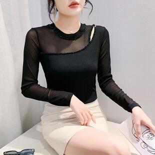 欧货秋季时尚显瘦百搭手工钉珠个性漏洞长袖上衣女T恤网纱休闲风