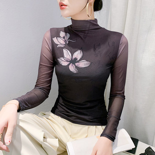 高领网纱新中式t恤上衣女款国风复古渐变印花修身长袖内搭打底衫