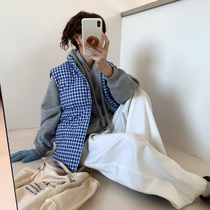 学生装蓝色格子羽绒棉服马甲女冬