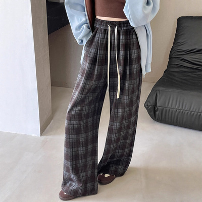 高腰咖啡色格子裤女秋季休闲裤