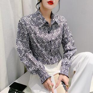 欧货实拍2023年早秋长袖碎花常规直筒百搭休闲领印花衬衫御姐风
