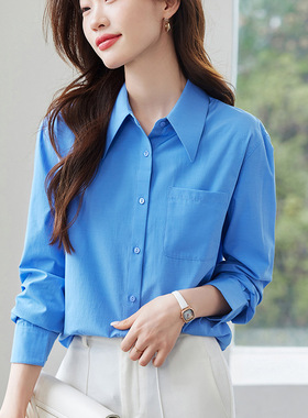 新款法式蓝色长袖衬衫女25春微宽松叠穿休闲衬衣大码连衣裙修身型
