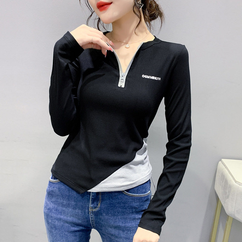 新款 2022网红拼色紧身拉链抽绳跑步显瘦健身运动上衣长袖T恤套头