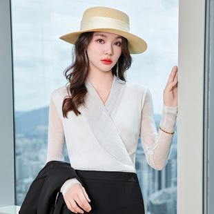 秋季V领打底衫女小西装针织衫长袖上衣高弹内搭T恤可外穿网纱印染