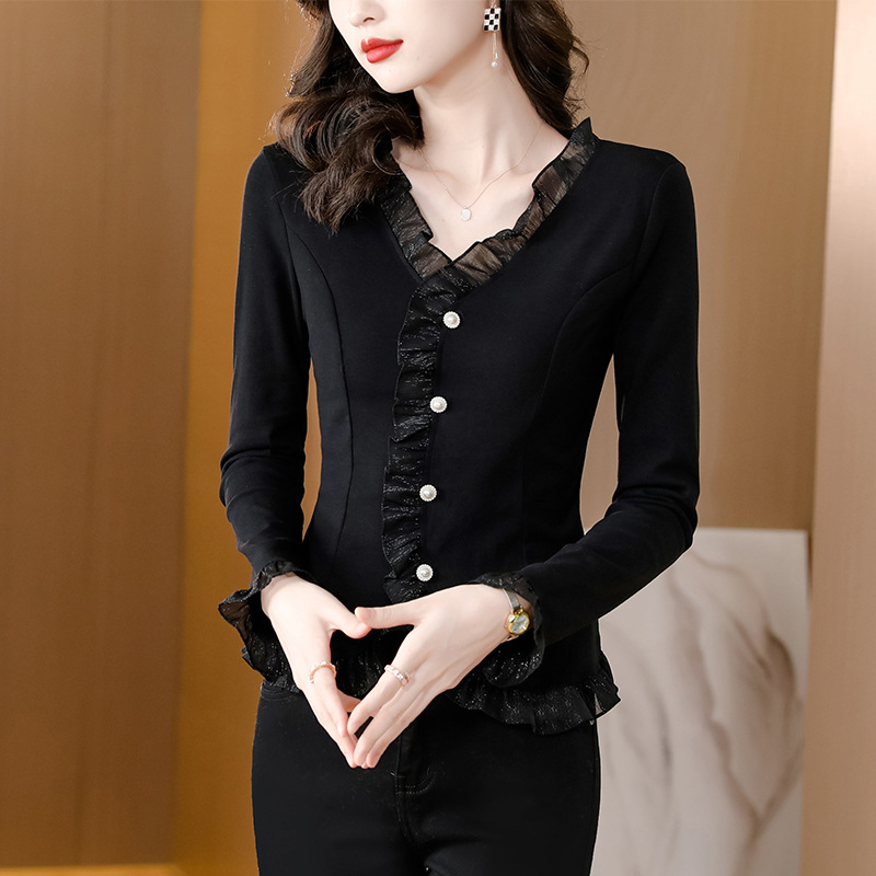 韩版黑色时尚蕾丝V领打底衫女春秋2025女士洋气秋装百搭长袖上衣