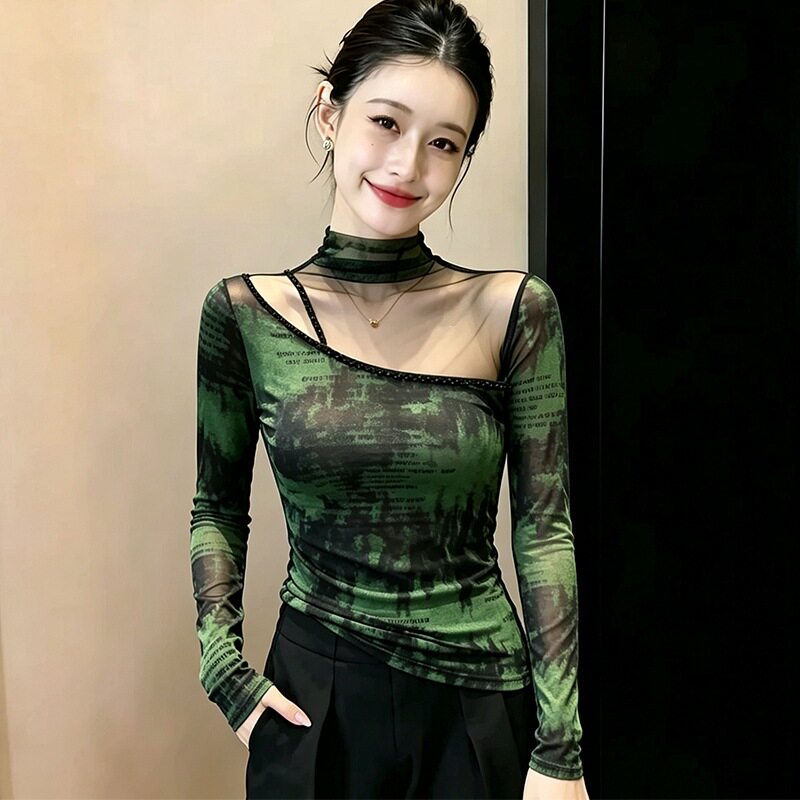 2026秋装镂空印花修身网纱钉珠长袖女显瘦洋气打底衫内搭小衫T恤