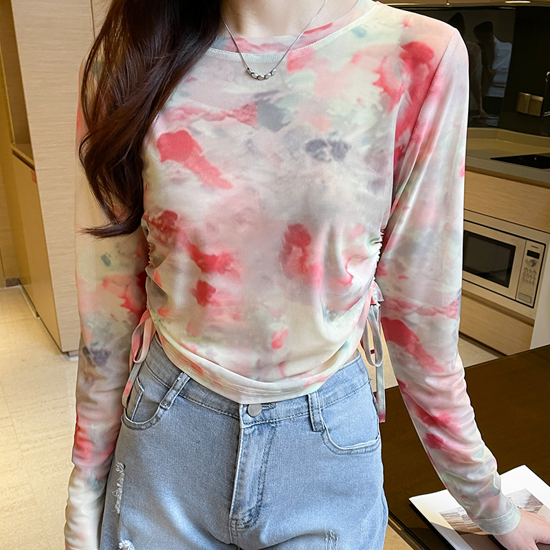 长袖网纱法式长袖扎染抽绳褶皱