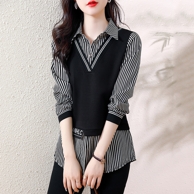 时尚假两件拼接衬衫女内搭上衣洋
