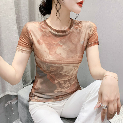 新款 韩版时尚复古印花短袖T恤上衣女士夏季气质优雅洋气圆领小衫