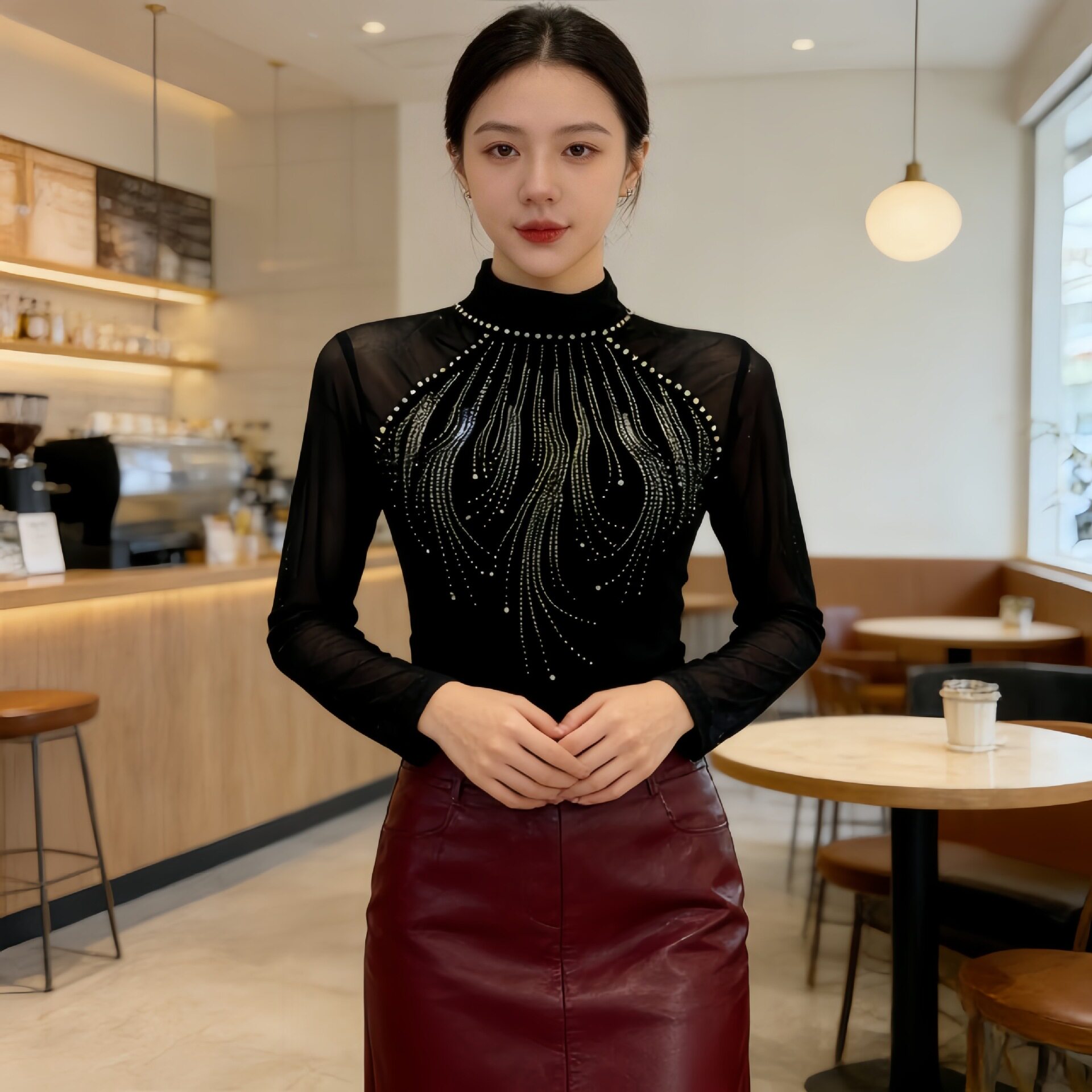 东南亚2026春季性感网纱拼接烫钻时尚长修身显瘦女上衣百搭TT恤