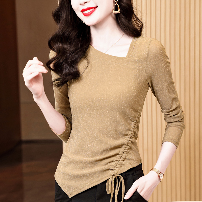 长袖网纱不规则v领修身上衣女