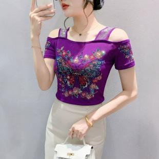 欧美重工彩色结带钻上衣露肩一字领吊带黏碎钻打底小衫性感风T恤