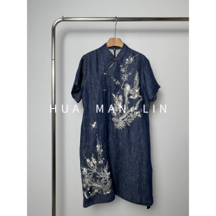 花滿林小立领斜门襟重工刺绣亚麻普洗 酵洗工艺连衣裙8822