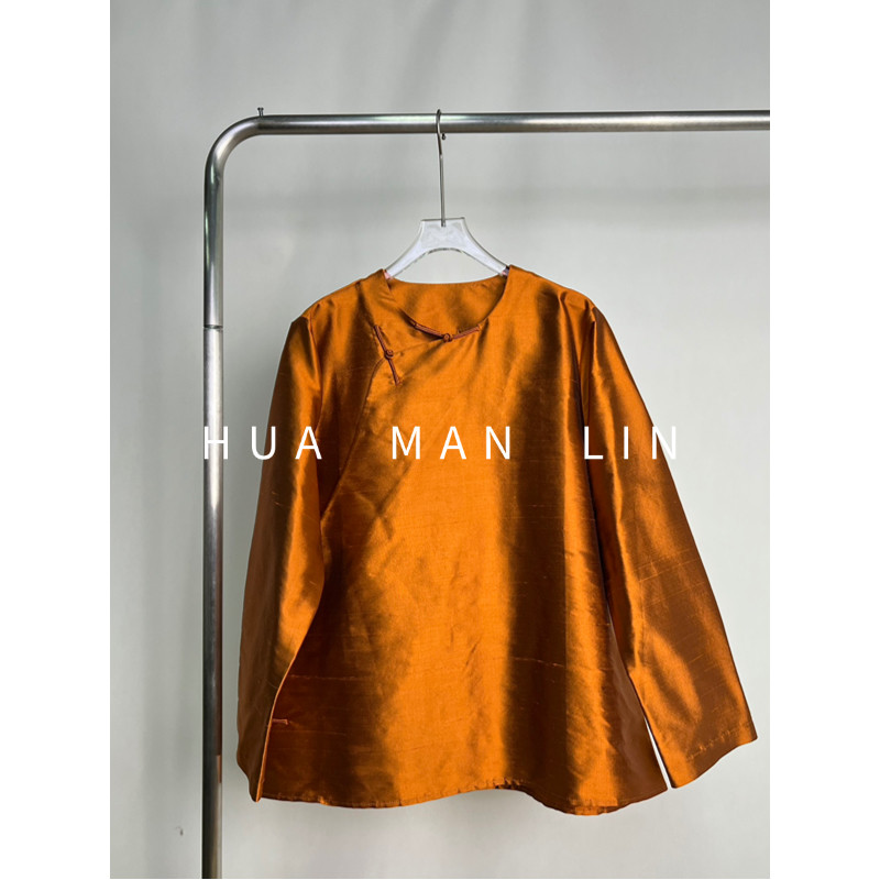 【花滿林】圆领斜门襟手工盘扣异色双宫真丝桑蚕丝上衣259164