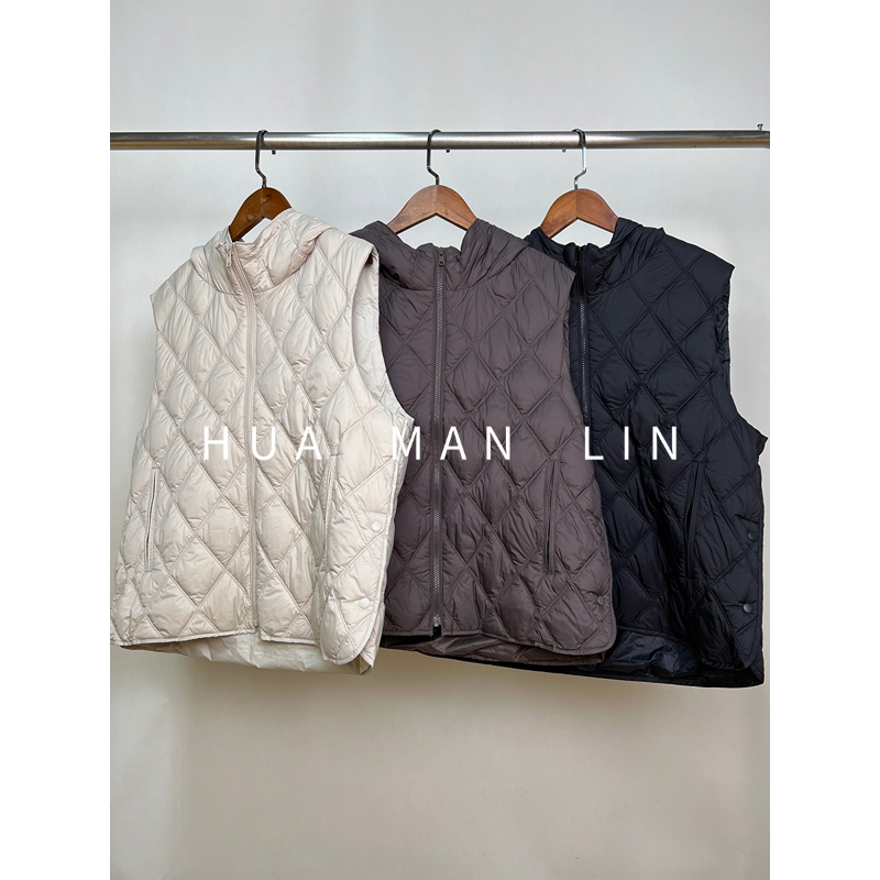 【花满林】三色连帽菱格填充鹅绒羽绒马夹15535