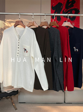 花滿林五色圆领半开贝壳扣单边口袋刺绣小马山羊绒上衣71252