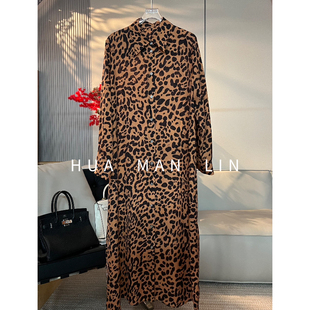 花滿林翻领豹纹两侧开叉建宏绉桑蚕丝连衣裙261979