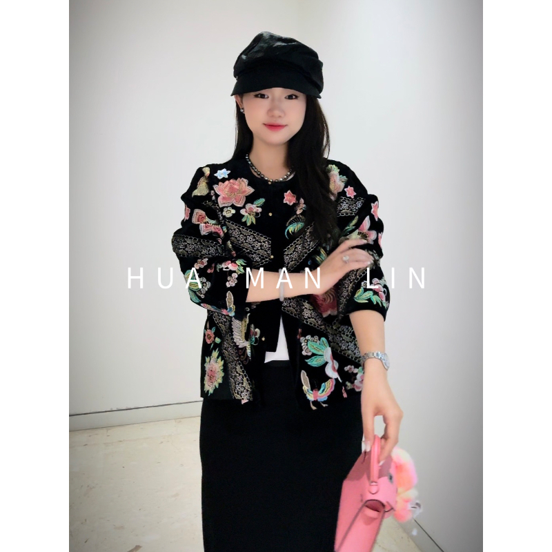 【花满林】‘桃花笑’圆领正门襟重工刺绣桑蚕丝丝绒外套257531