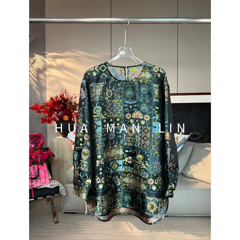 花滿林圆领后扣前短后长五彩壮锦真丝桑蚕丝长袖上衣268632