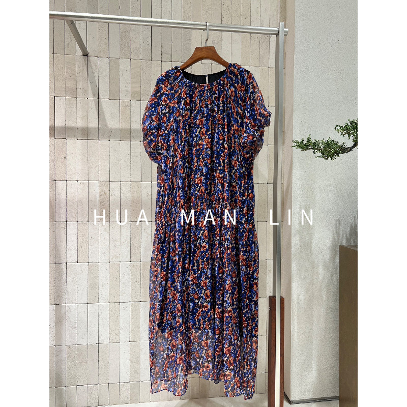 花滿林圆领后扣蓝花真丝桑蚕丝短袖连衣裙268988 【有腰带】