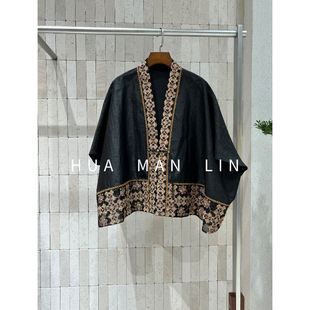 一粒扣龟裂纹桑蚕丝拼接欧根纱刺绣阔版 外套26209 花满林