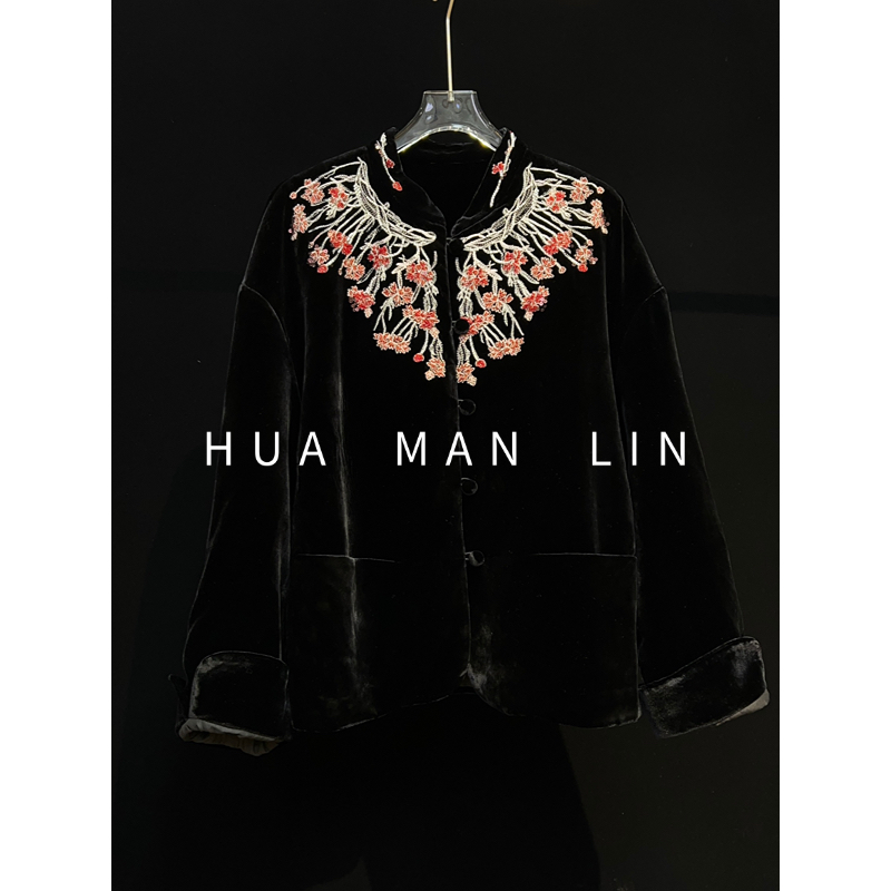【花满林】小立领正门襟包扣领口绣红花真丝桑蚕丝丝绒外套25675
