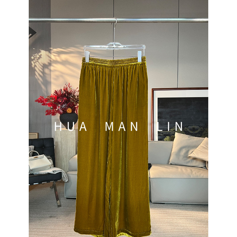 花滿林全松紧腰净版真丝桑蚕丝丝绒黄色长裤261871
