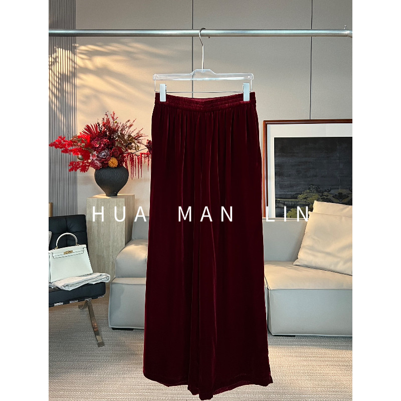 【 彩蛋】红色全松紧腰净版真丝桑蚕丝丝绒长裤261871