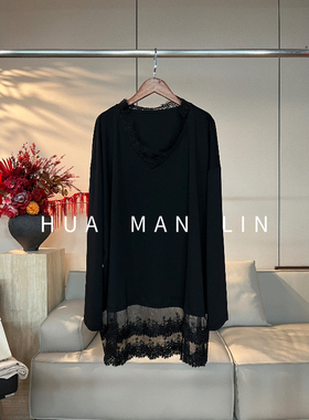 花滿林V领蕾丝边净版长袖上衣82004