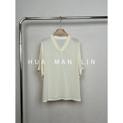 【花满林】V领领口打条鬼绉真丝桑蚕丝短袖上衣5350