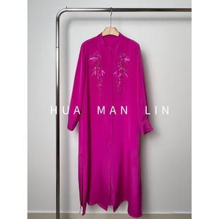 花滿林小立领重工钉珠40MM重磅真丝桑蚕丝连衣裙8809