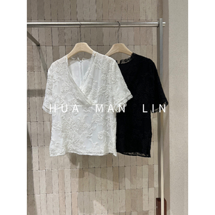 花滿林两色V领后拉链蕾丝花边重工刺绣真丝桑蚕丝短袖上衣262390
