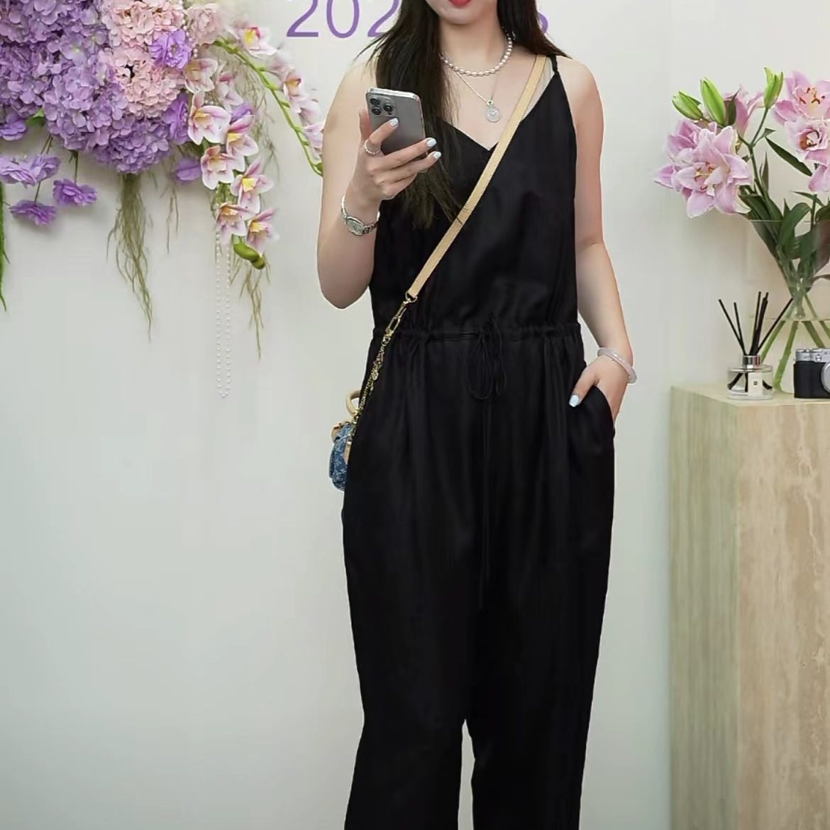 【花滿林】肩带可调节35MM花罗真丝桑蚕丝黑色气质连体裤8555