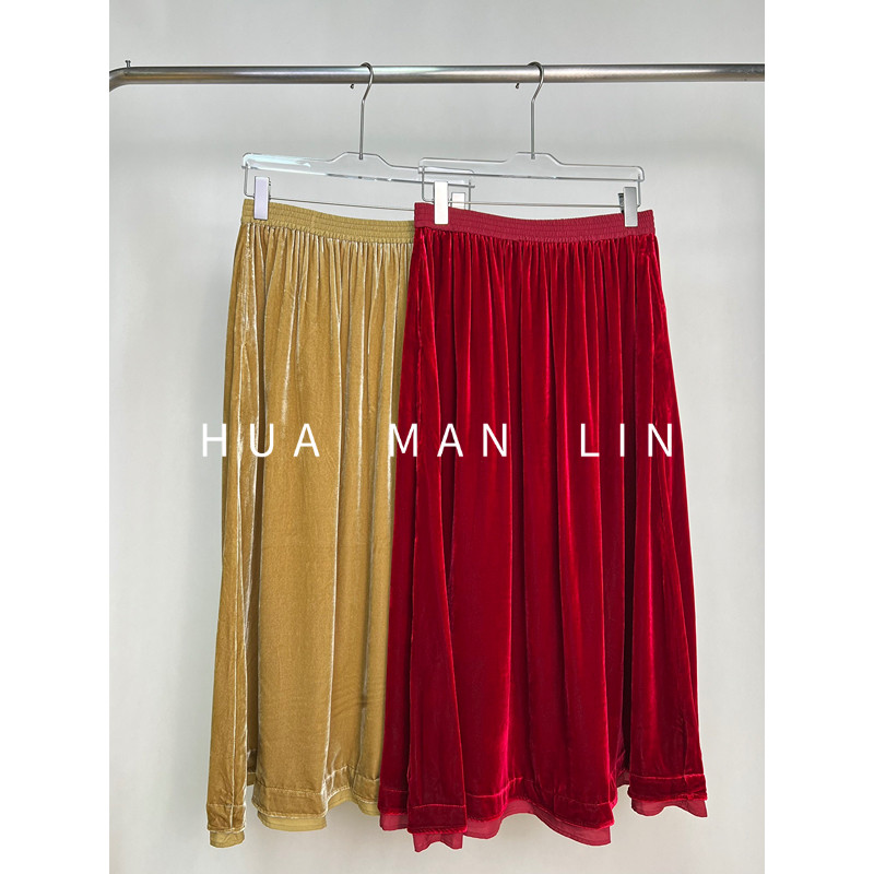 【花满林】两色全松紧腰下摆拼接异色真丝桑蚕丝丝绒半裙258193