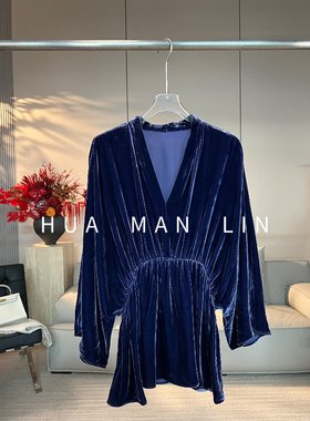 花滿林V领腰部松紧腰真丝桑蚕丝丝绒连肩袖上衣268260