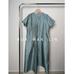 花林圆领打条后拉链30MM双宫真丝桑蚕丝连衣裙8307