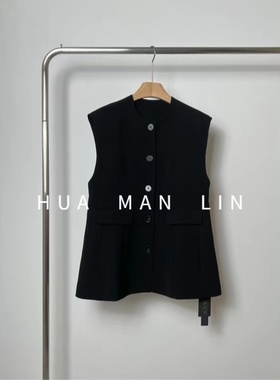 【花滿林】圆领收腰感贴袋盖黑色净色气质无袖百搭马夹7575